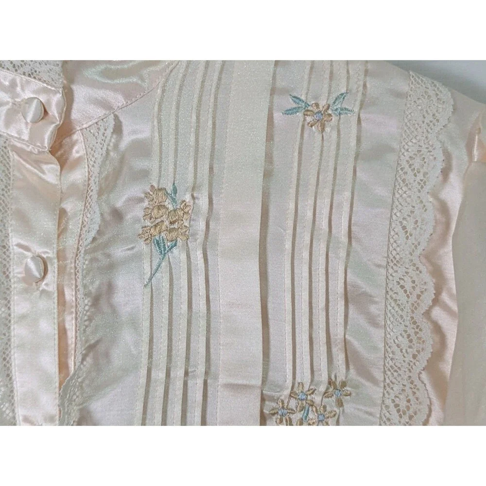 Amanda Payne Satin Nightgown Pajama Shirt Womens Medium Ivory Lace Embroidery